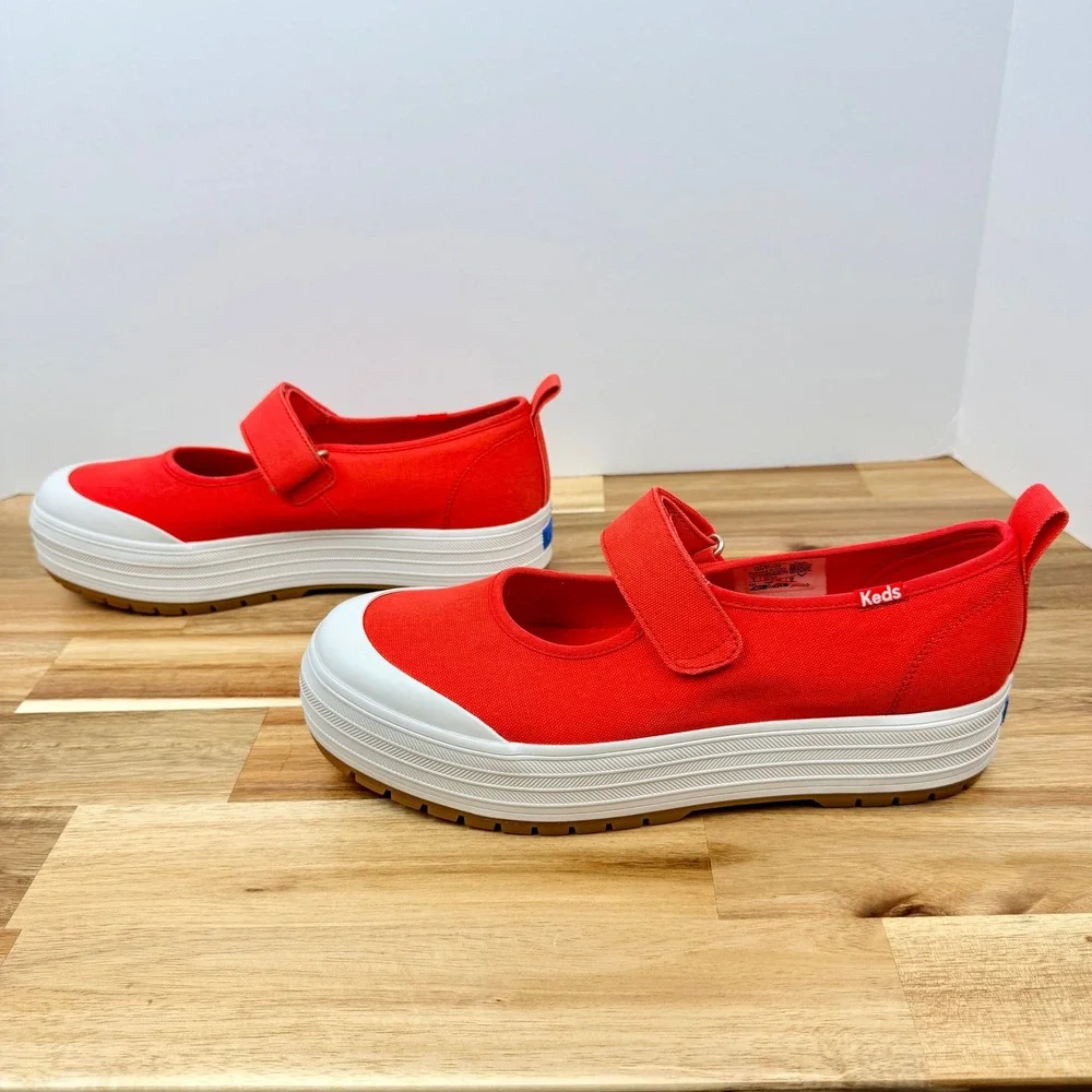 Keds Women's WF68129 Orange Red Canvas Platform Mary Jane Shoes Size 9